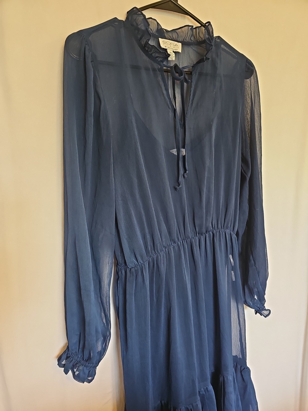 Navy Blue Sheer Tiered Midi DressSize: Small - Picture 3 of 9